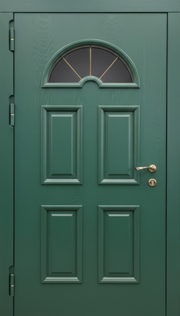 Стальная термодверь с полукруглым стеклом и зелеными панелями МДФ с багетом