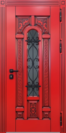 Входная уличная термодверь с решеткой, стеклом и фрезерованными панелями МДФ красного цвета