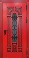 Входная уличная термодверь с решеткой, стеклом и фрезерованными панелями МДФ красного цвета